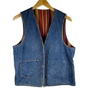Vintage 60s 70s Levi’s Big E Reversible Denim Vest Striped Canvas Hippie Era
